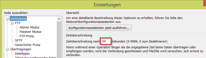 FileZilla Einstellungen Timeout