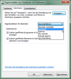 Winows 7 - Standardaktion für Beenden